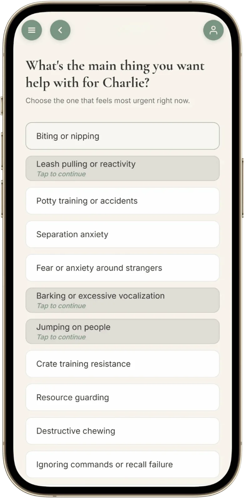 PrimeDoggy IQ behavior selection screen