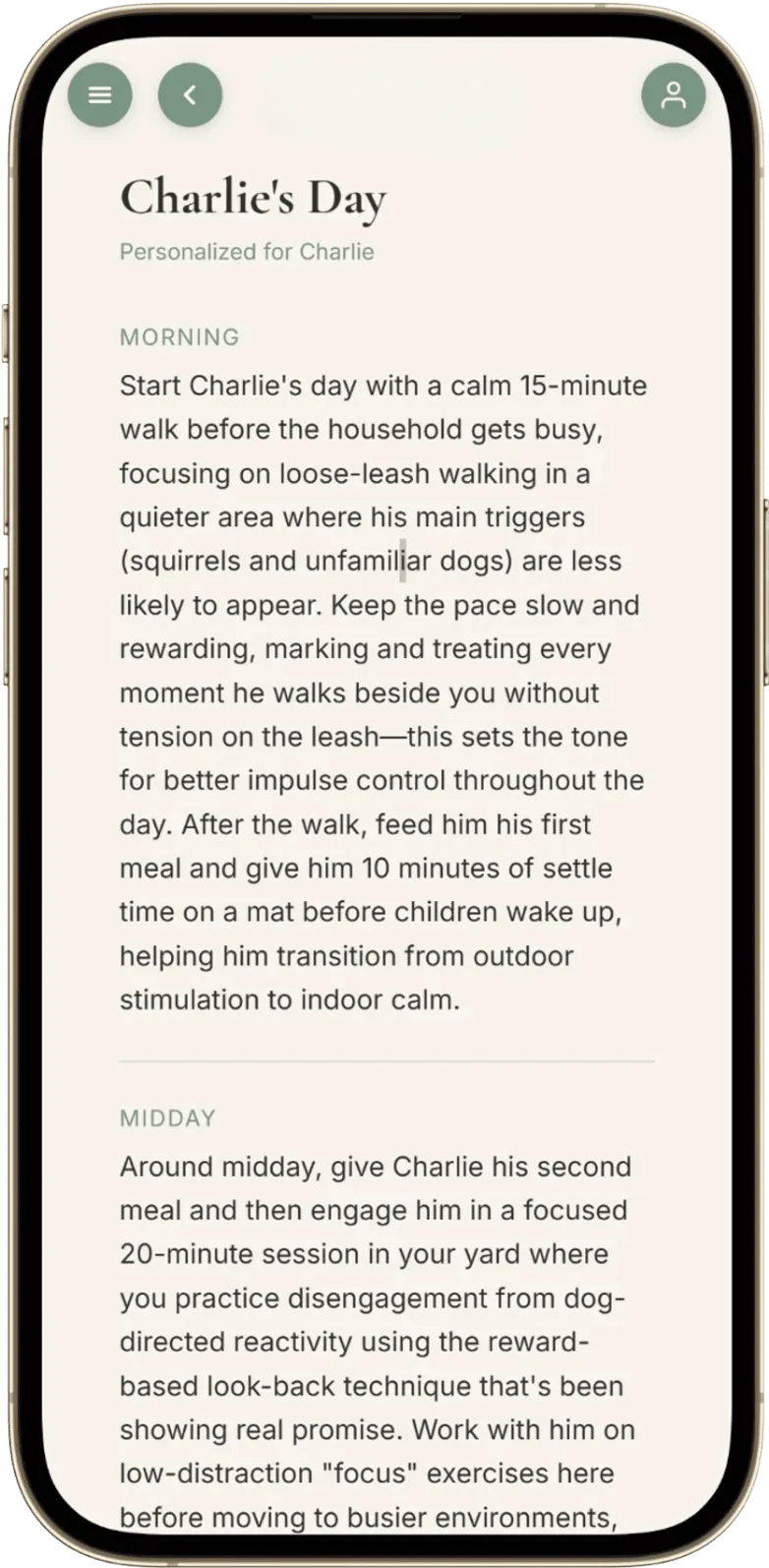 Daily Routine Builder showing personalized MORNING and MIDDAY schedule for Charlie