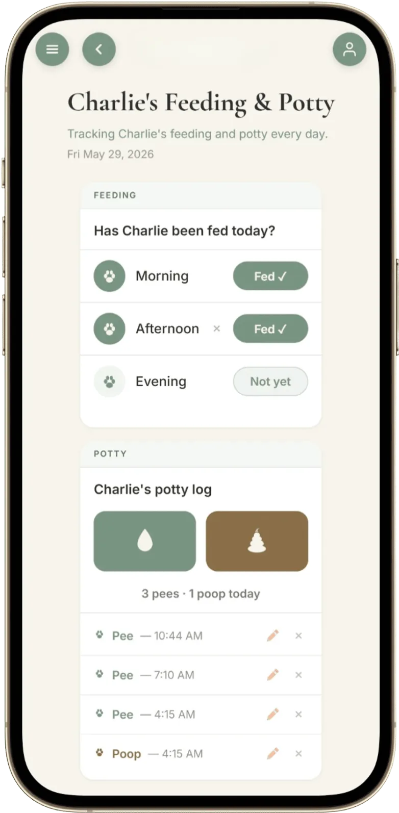 Feeding and potty tracking screen showing morning fed, afternoon fed, evening not yet with potty log
