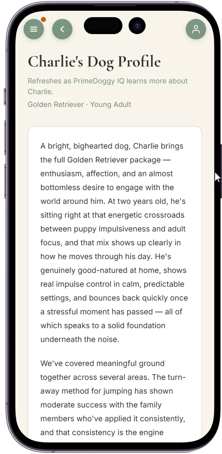 Dog Profile showing detailed AI narrative about Charlie the Golden Retriever