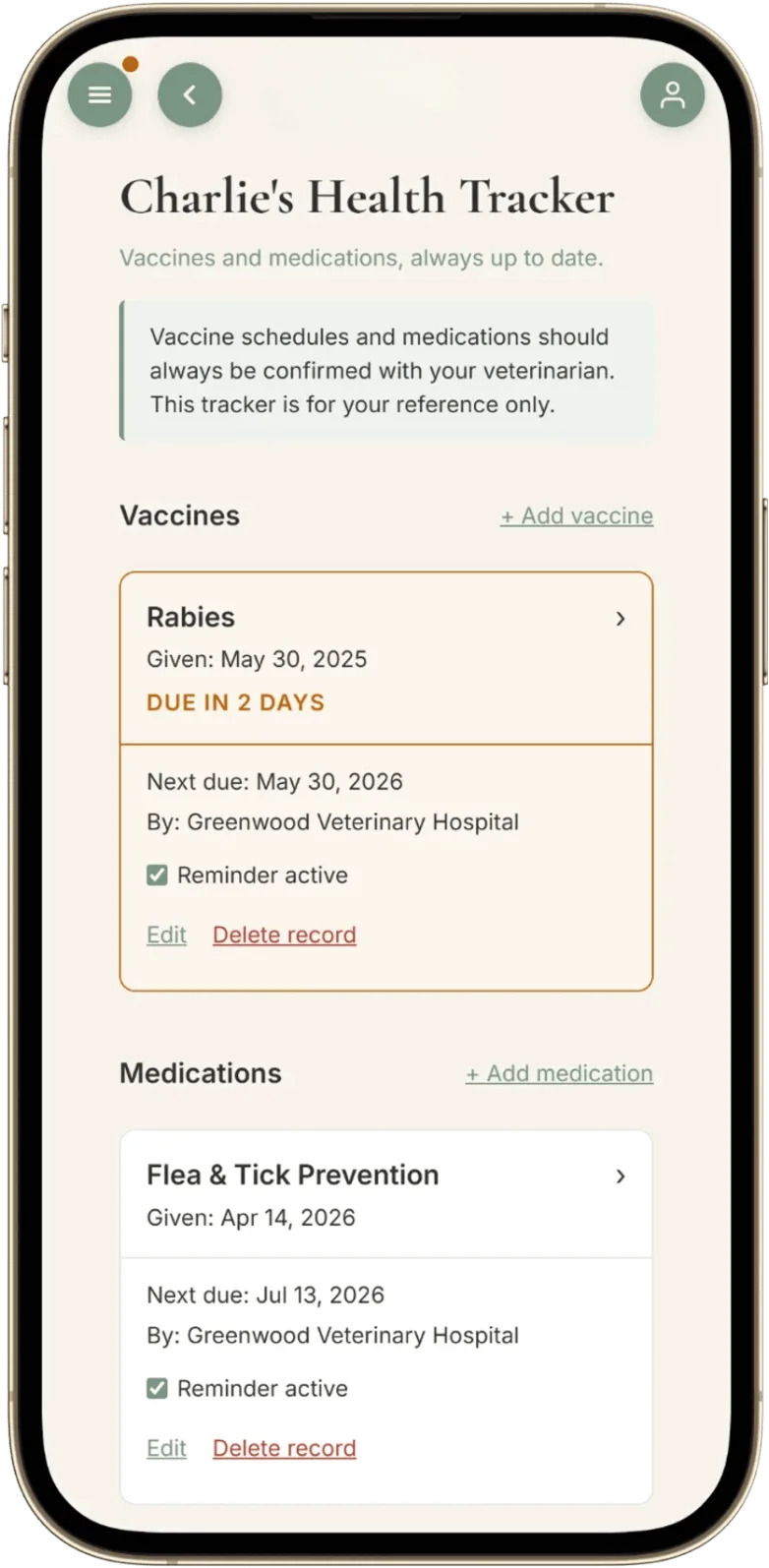 Health Tracker showing dog vaccine due in 2 days alert with medication and vaccination schedule