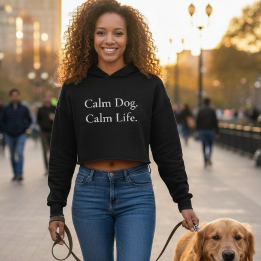 Woman walking a Golden Retriever while wearing a black Calm Dog Calm Life crop hoodie