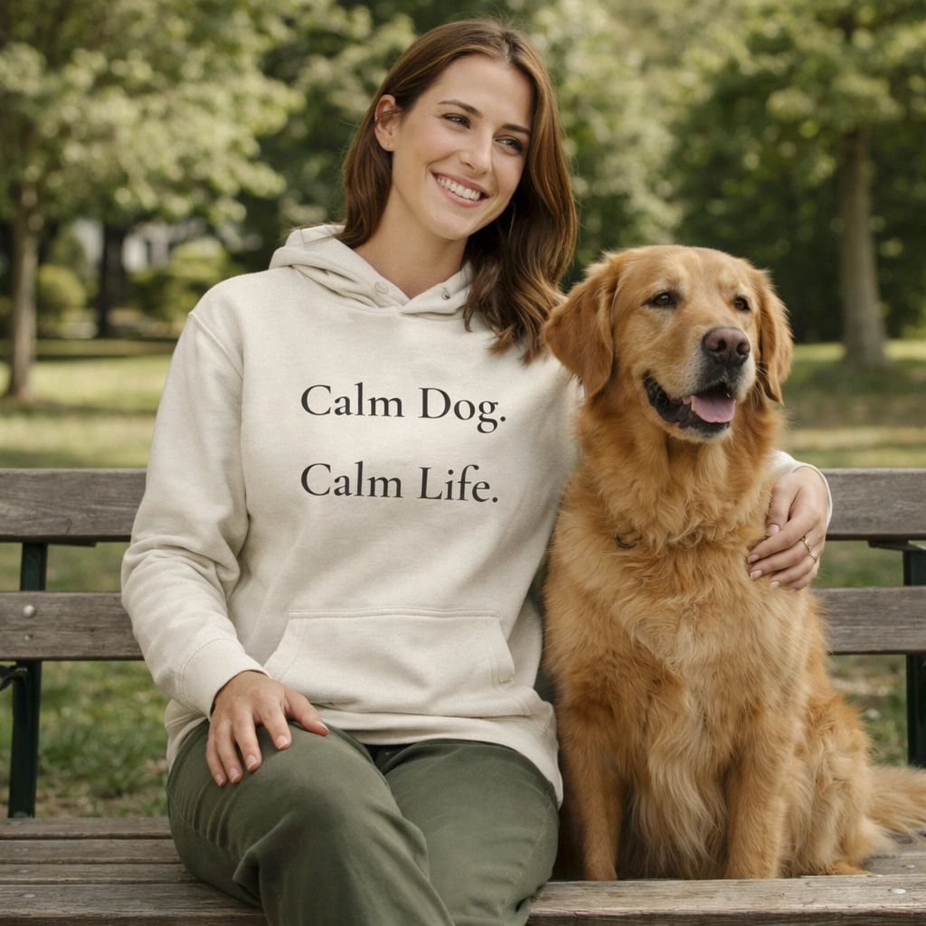 Woman sitting on a bench with a Golden Retriever, wearing a white Calm Dog Calm Life hoodie