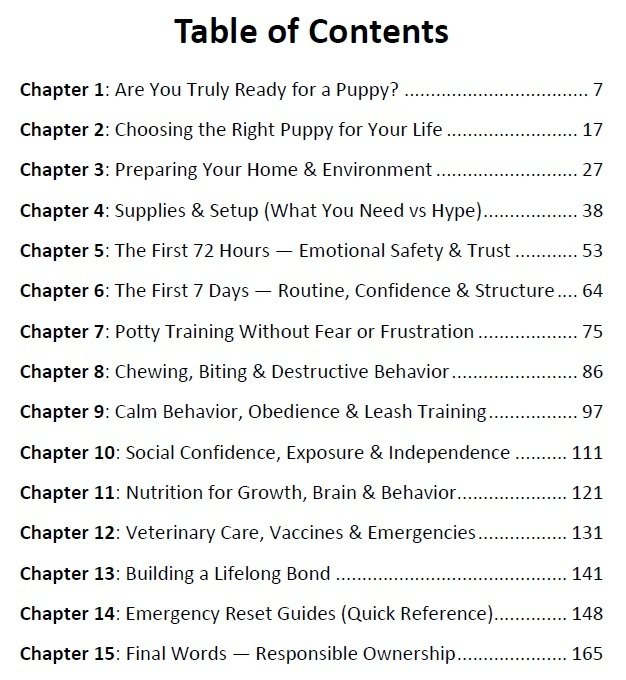 Puppy training timeline table of contents from The Complete Puppy Training Guide