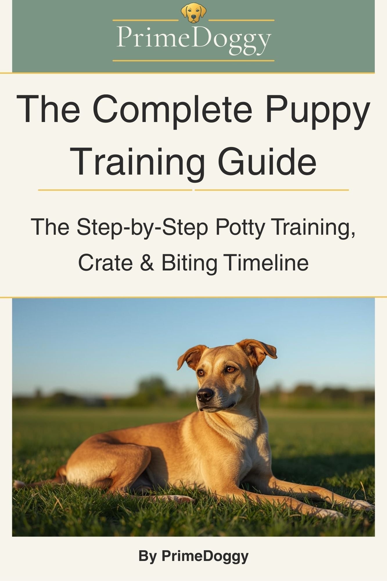 The Complete Puppy Training Guide ebook cover featuring a calm dog lying on grass with PrimeDoggy branding