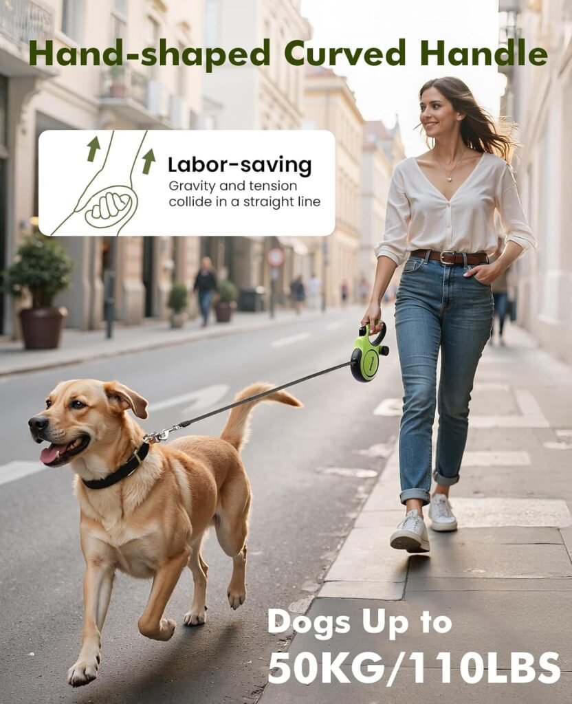 Hands-free retractable dog leash in use during a walk, showing comfortable grip and smooth control for everyday walking