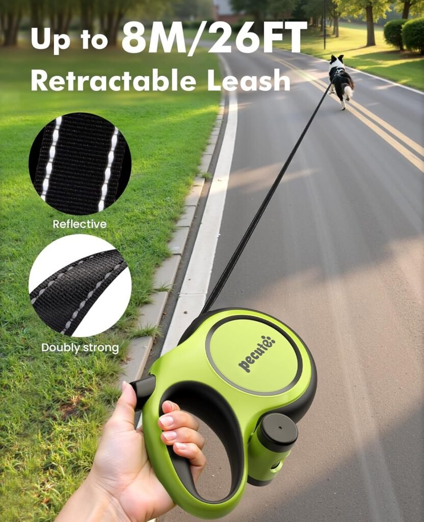 26ft retractable dog leash with reflective nylon tape for extended range and improved visibility