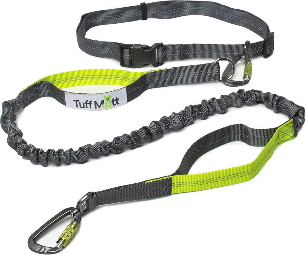 Tuff Mutt hands-free dog leash with adjustable waist belt, shock-absorbing bungee, and twist-lock carabiner clips