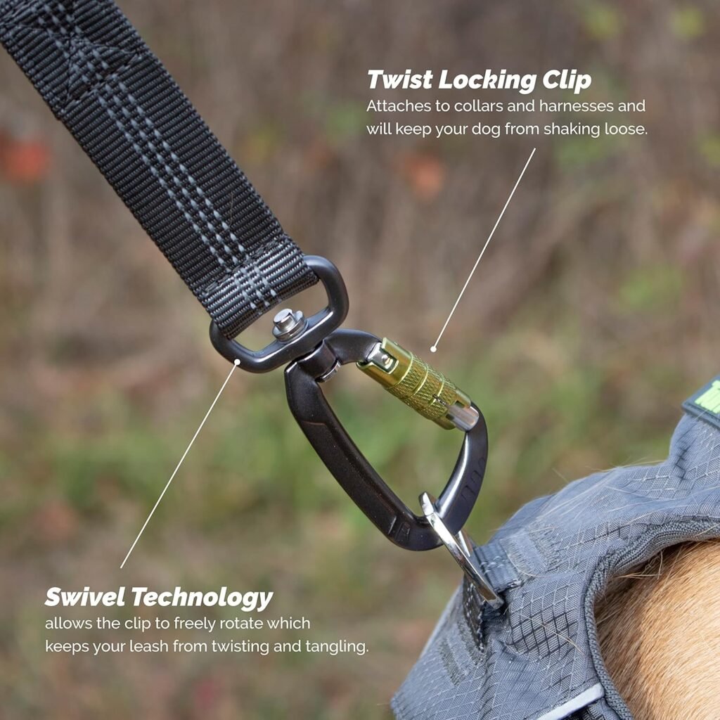 Close-up of Tuff Mutt hands-free leash showing twist-lock carabiner and swivel technology to prevent tangling