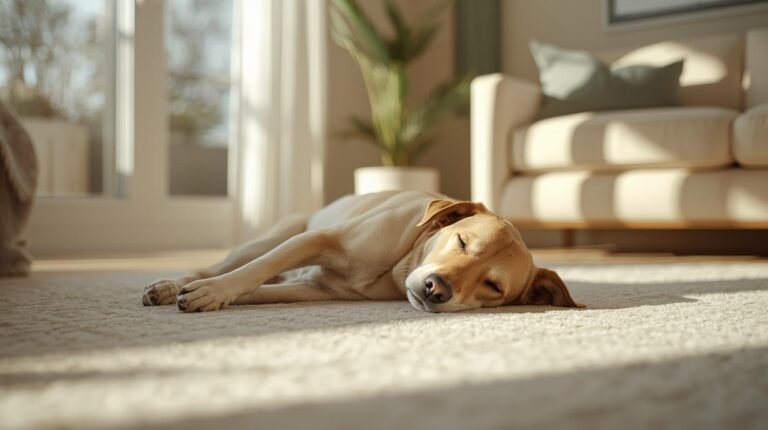 Relaxed adult dog resting on a clean carpet in a fresh home environment