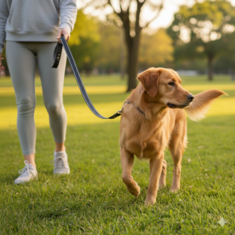 Calm young dog walking on the best dog leash during an everyday walk in a sunny park