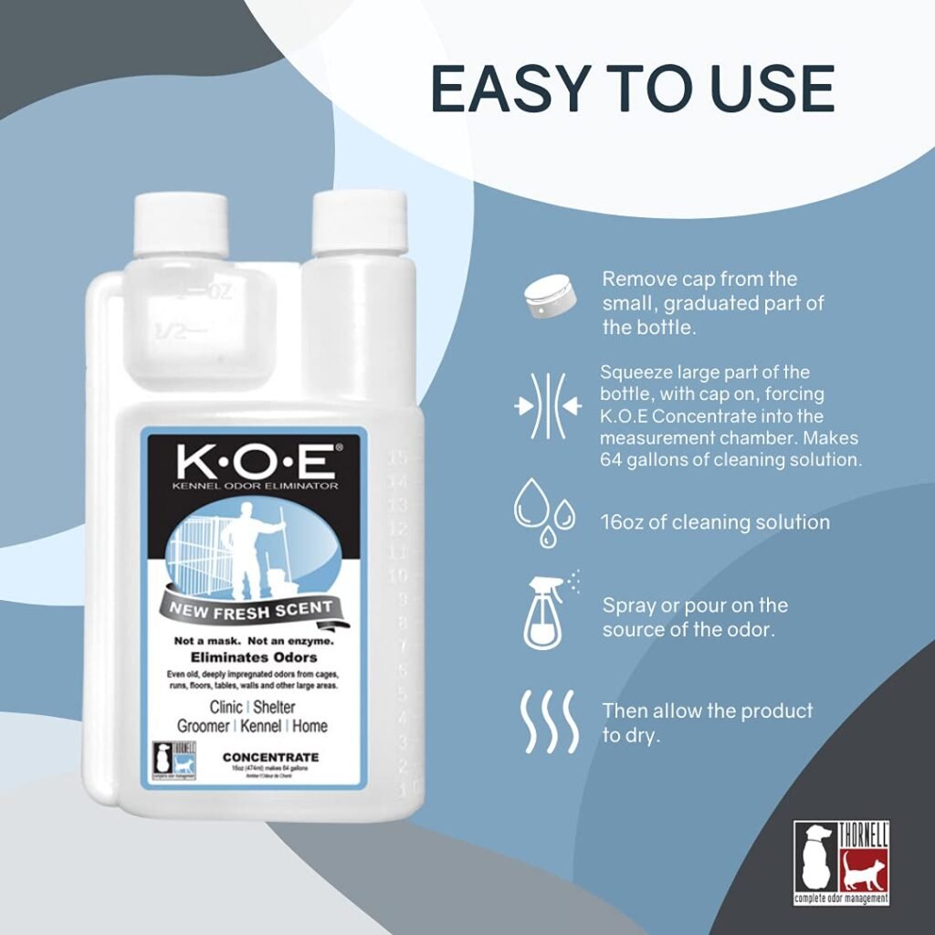 Odorcide K.O.E. kennel odor eliminator usage diagram showing manufacturer instructions