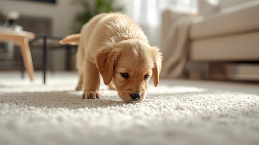 Puppy sniffing carpet while learning how to remove dog urine odor and stains from indoor flooring.
