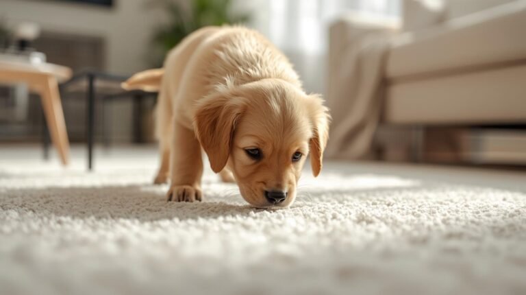 Puppy sniffing carpet while learning how to remove dog urine odor and stains from indoor flooring.