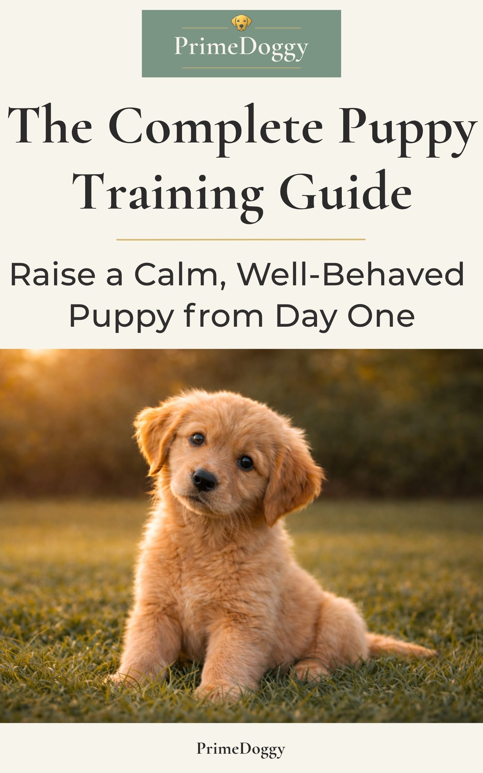The Complete Puppy Training Guide book cover by PrimeDoggy – raise a calm, well behaved puppy from day one with step by step training, potty training, crate training, and behavior guidance