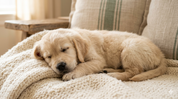 Puppy sleeping peacefully on a blanket representing calm moments during puppy blues phase