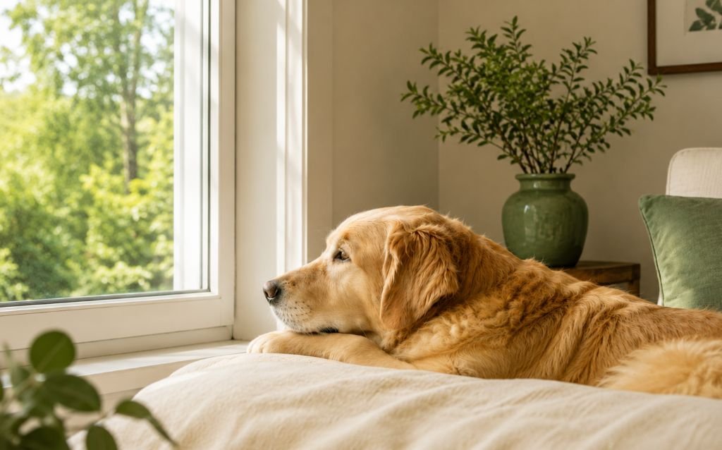 Golden Retriever resting calmly by a window in a warm, sage-toned room