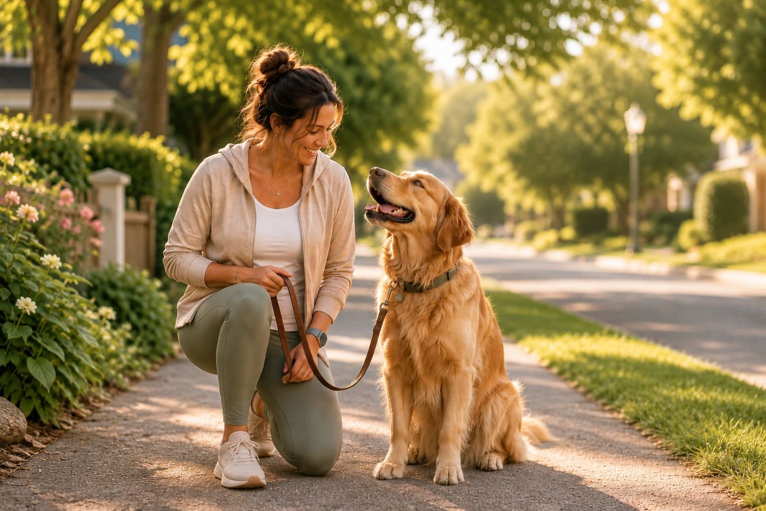 Woman kneeling with a Golden Retriever on a sunny suburban street