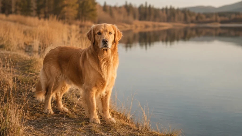 Adult Golden Retriever standing calmly near a lake at dusk in soft natural light, coat in full condition, looking slightly off-camera with an attentive expression as part of the golden retriever breed guide.