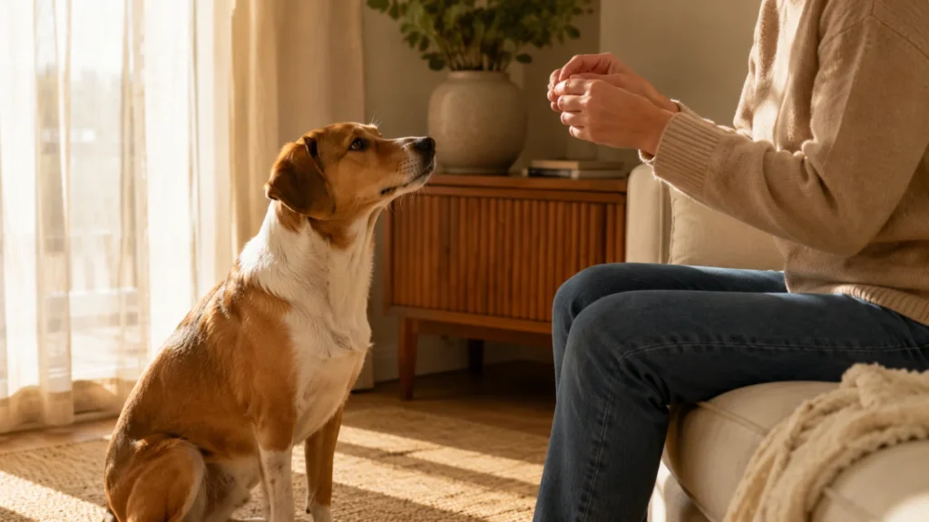 A dog sitting indoors looking away while an owner gives a hand signal, showing a moment when a dog ignores commands.