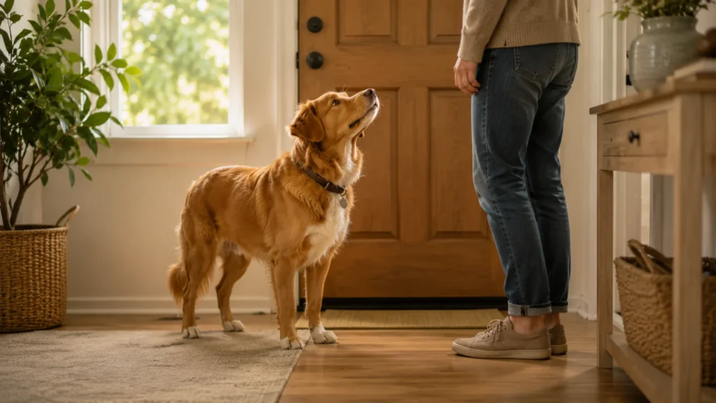 Calm dog sitting near front door instead of jumping on guests, warm natural light in home entryway.