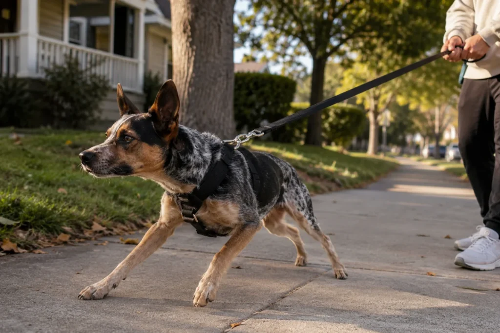Dog lunges at other dogs on a leash walk, wearing a front-clip harness on a suburban sidewalk.
