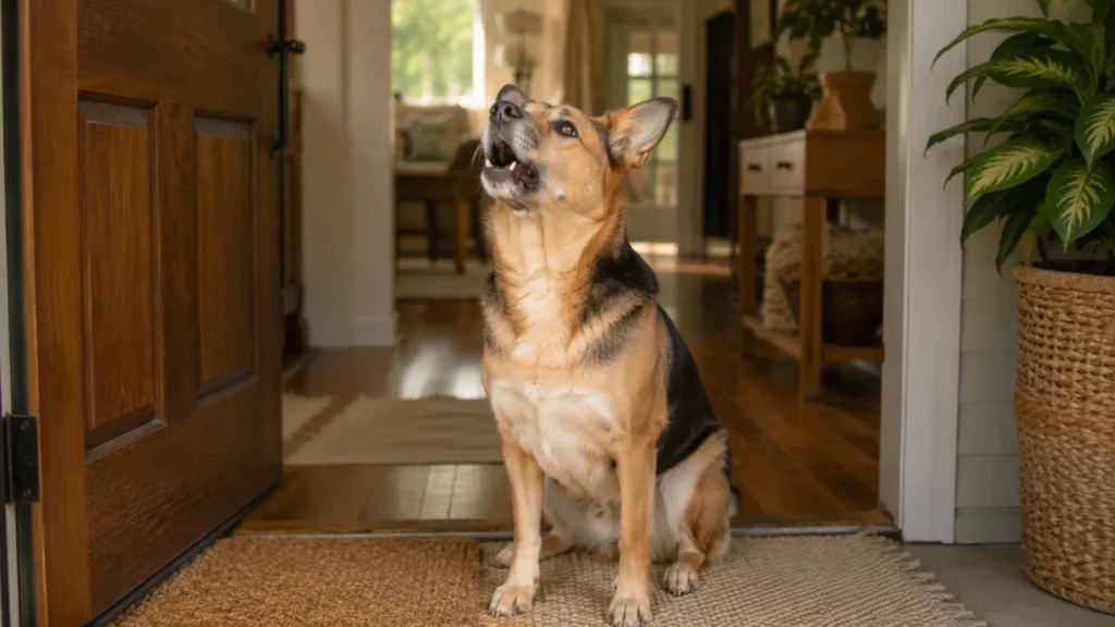 Alert dog barking near a front door, illustrating common triggers when learning how to stop a dog from barking.