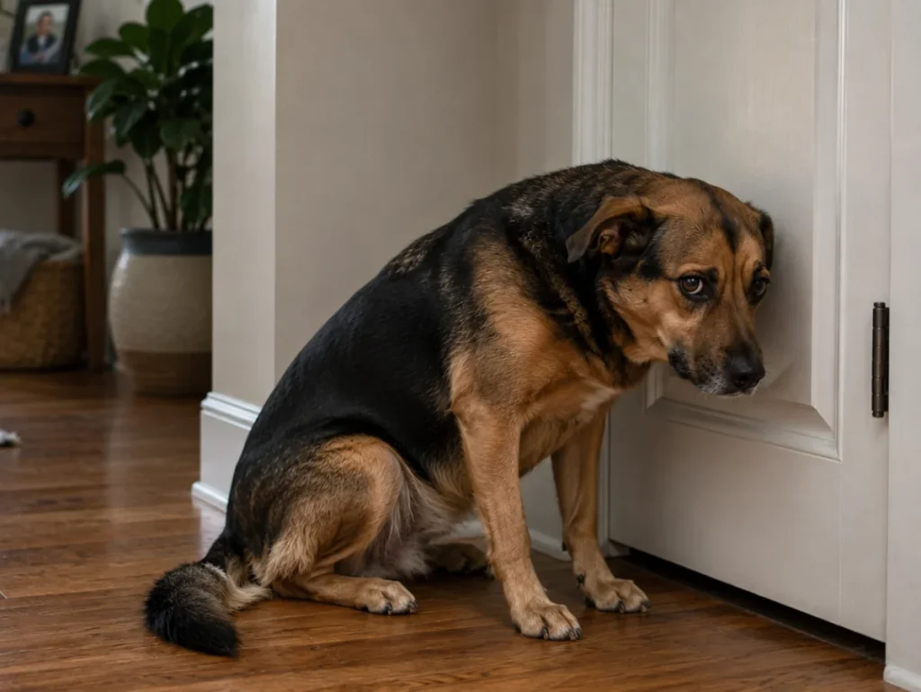 Adult dog showing tense body posture indoors, illustrating sudden aggression in adult dogs