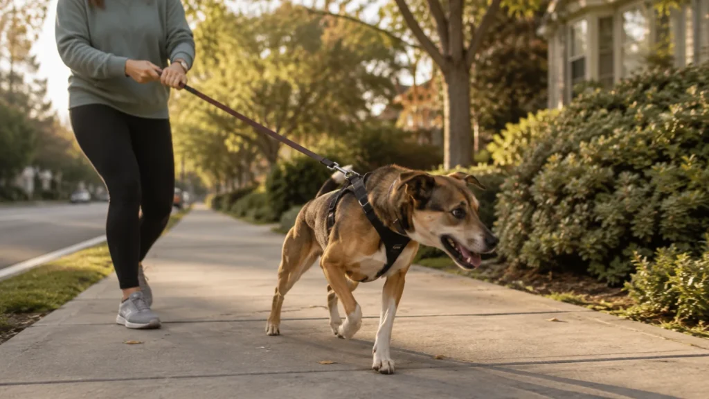 Dog pulling hard on the leash during a walk, showing why dogs pull on the leash and what drives the behavior.