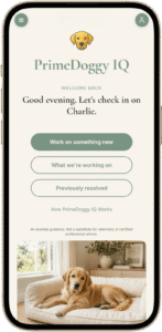 AI dog trainer app screen showing a personalized dog training session greeting for Charlie
